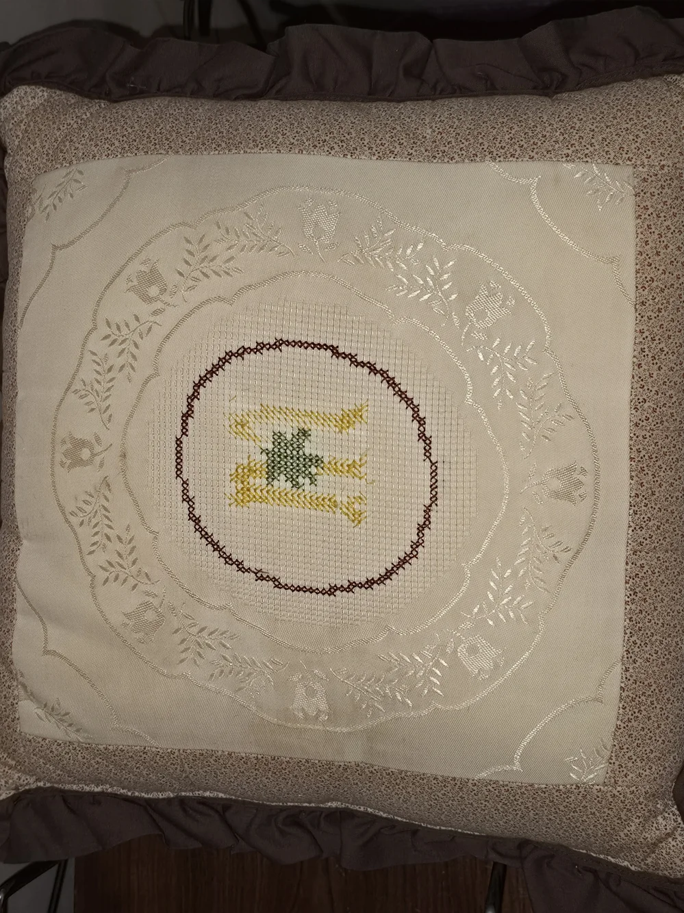 Embroidered Cross Stitch Monogram Decorative Throw Pillow in Cream and Brown *M*
